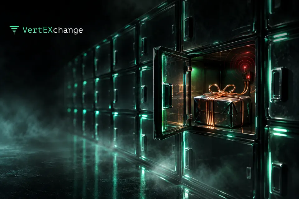 An open parcel locker cell where the ribbon on the parcel turns out to be a copper antenna leading to a hidden transmitter