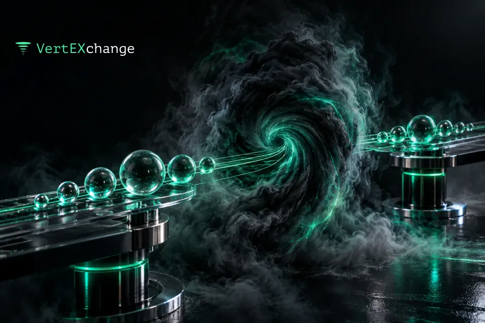 A vortex of dark smoke between two chrome platforms: glass marbles of different sizes roll in, identical ones roll out, joined to them by thin glowing threads
