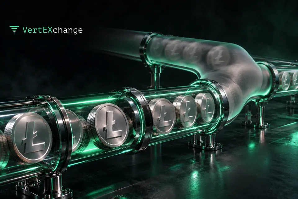 Silver Litecoin coins roll through a clear glass tube and slip into a parallel tunnel of frosted glass, where they turn into blurred silhouettes