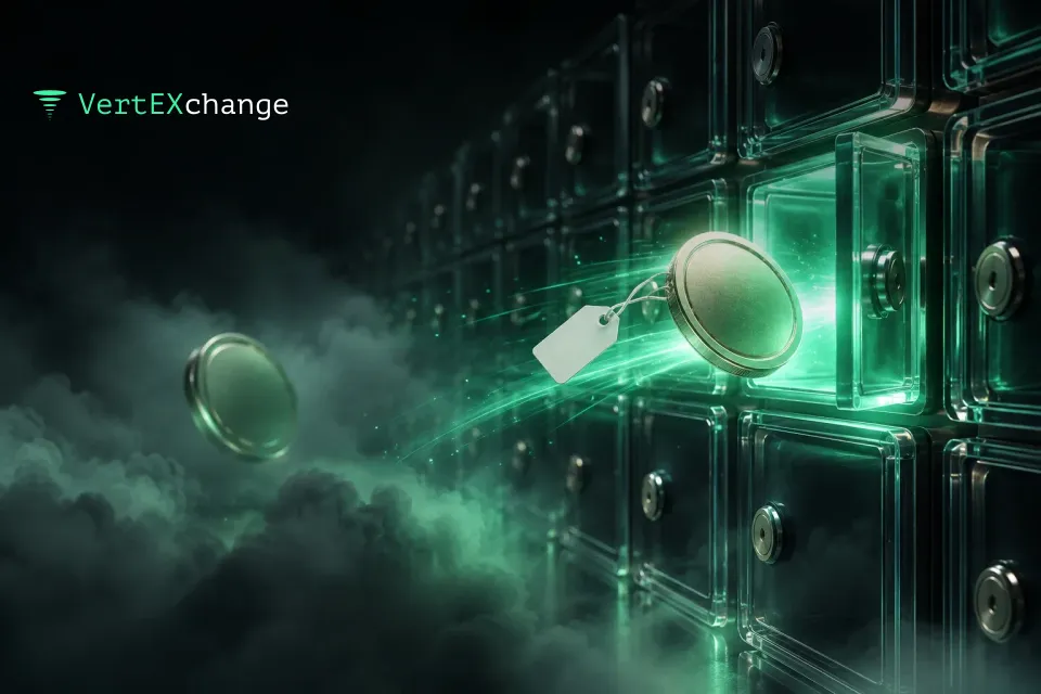 A tagged coin flies into a glowing locker in a glass wall, while another coin without a tag gets lost in the fog
