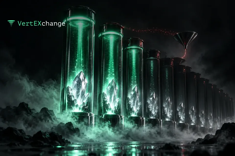 A row of glass columns in the fog goes dark one by one, red sparks leak from one of them, and the crystals at their bases stay intact