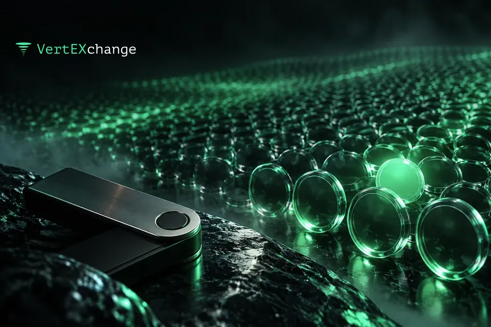 A single glowing coin among thousands of identical glass coins fading into the fog