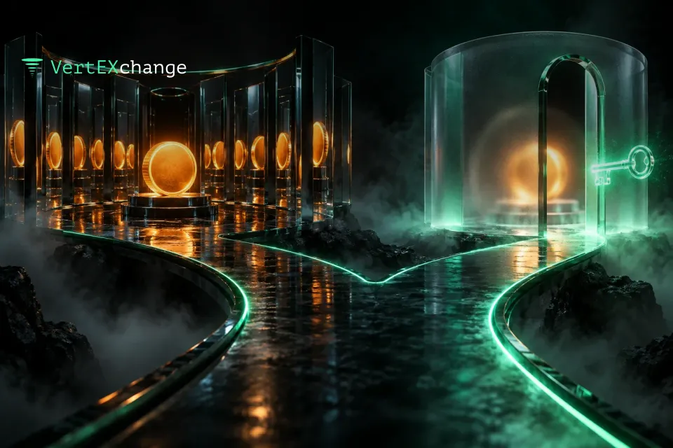 A glass road splits in two: a hall of mirrors turns an orange coin into a ring of copies, while a golden coin blurs in a frosted chamber with a glowing key