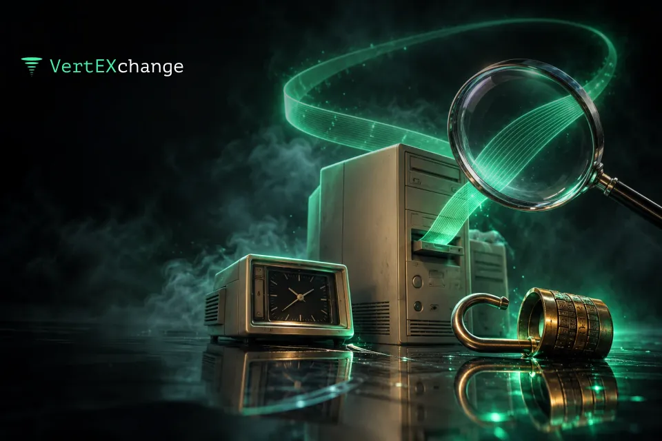An old 1990s computer and clock, with a glowing ribbon unspooling from the tower into an elliptic curve next to an open, empty padlock