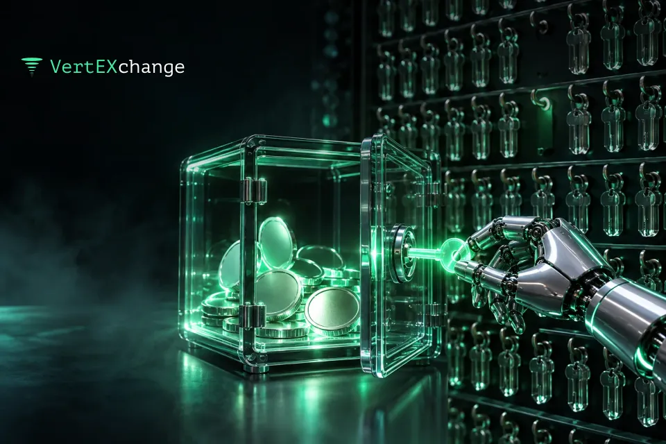 A robotic arm takes one glowing key from a wall of hundreds of identical keys and uses it to open a glass safe with coins