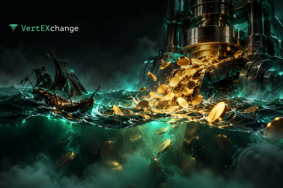 A broken minting press pours gold coins into a dark sea where they vanish into fog, with a pirate ship rocking nearby