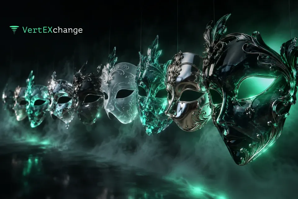A row of glass and chrome masquerade masks in the fog, from clear to smoky, the nearest one glowing mint from within