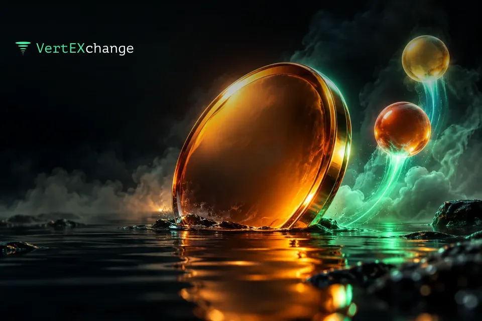 A massive chrome column half sunk in dark water with its glow fading, while on the right two frosted glass spheres with hidden light rise through the fog on mint light trails