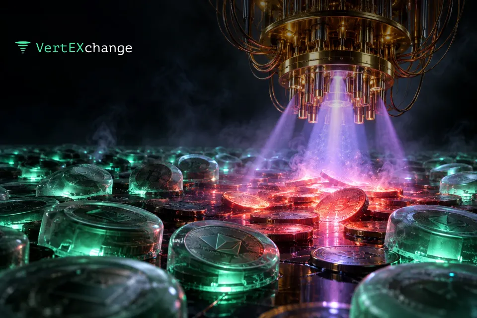 A golden quantum chandelier casts a violet beam onto a field of coins: the uncovered coins glow red, while the beam slides off coins sealed in frosted shells