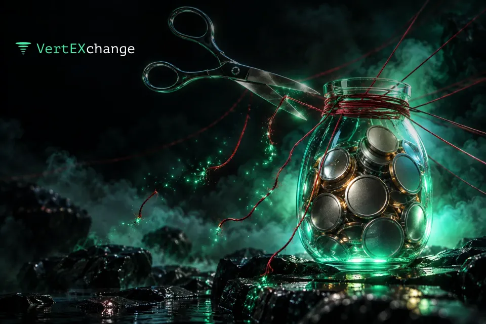 A glass jar of coins with thin red threads running from its neck into the fog, chrome scissors cutting one of them