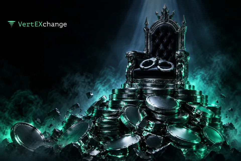 An empty chrome throne on a pedestal of cracked coins, with open handcuffs on the seat and a searchlight beam falling from above