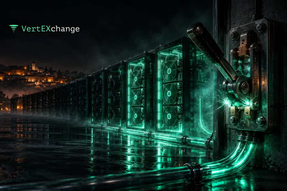 A large chrome knife switch halfway down: a row of glass mining racks goes dark while the windows of a distant town stay lit
