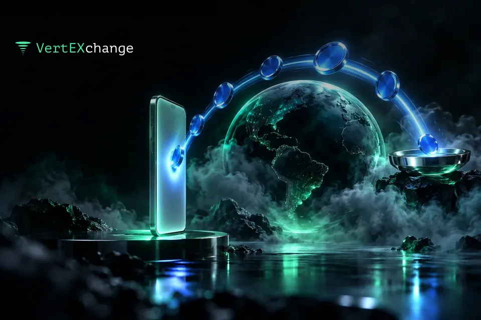 A slim glass smartphone with an arc of blue light carrying coins stretching from its screen over a dark globe