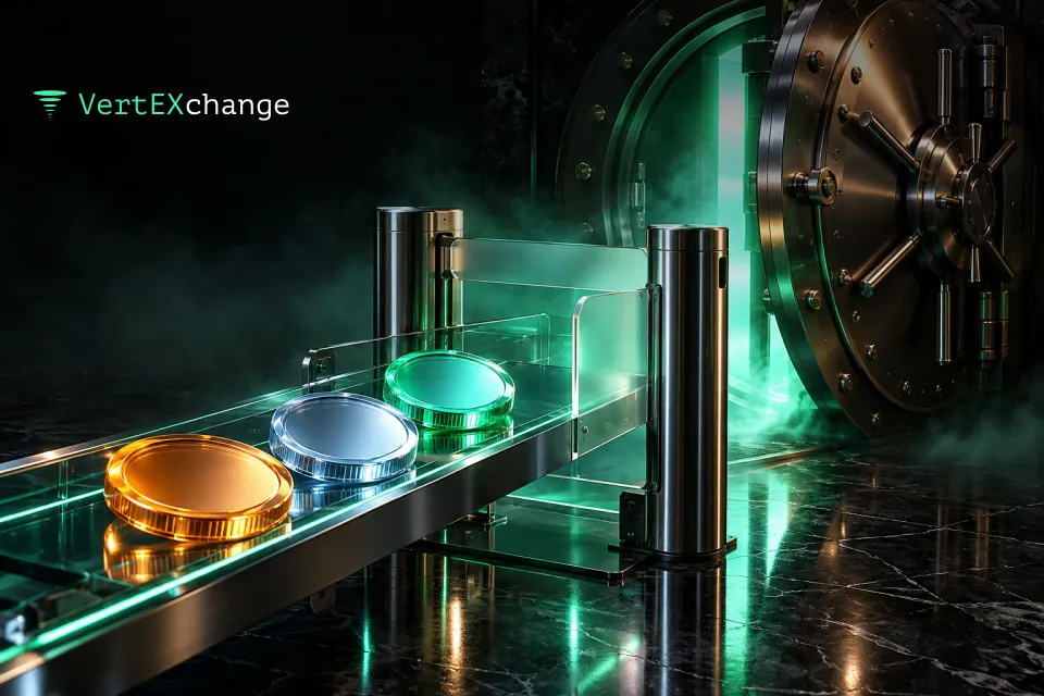 A chrome turnstile in front of a bank vault door standing ajar, with three coins of different colors passing through it