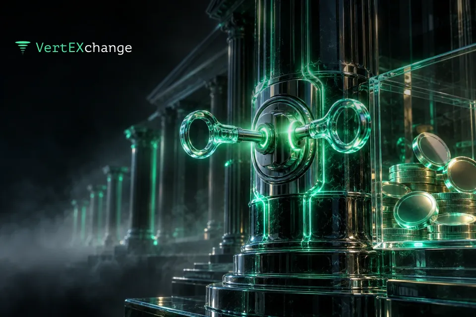 Two glowing glass keys turn at once in a chrome lock set into a dark glass column, mint-green lines of light spread along the column, and coins rest behind a glass pane