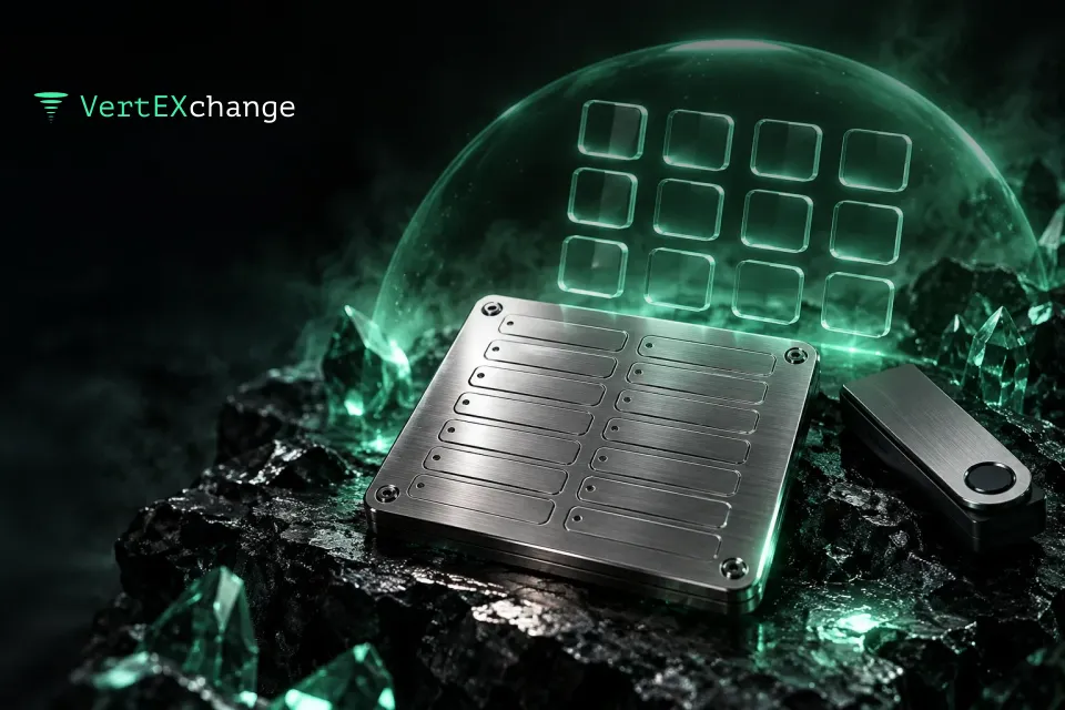 A steel plate with blank engraved rows and a hardware wallet under a glowing dome, with twelve glass tiles above them