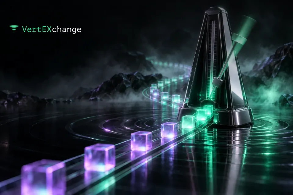 A chrome metronome with its pendulum blurred by speed and a stream of glass cubes lighting up in mint