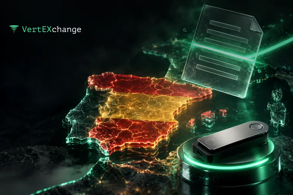 A glass map of the Iberian Peninsula with Spain lit up, a tax form above it and a hardware wallet in the foreground