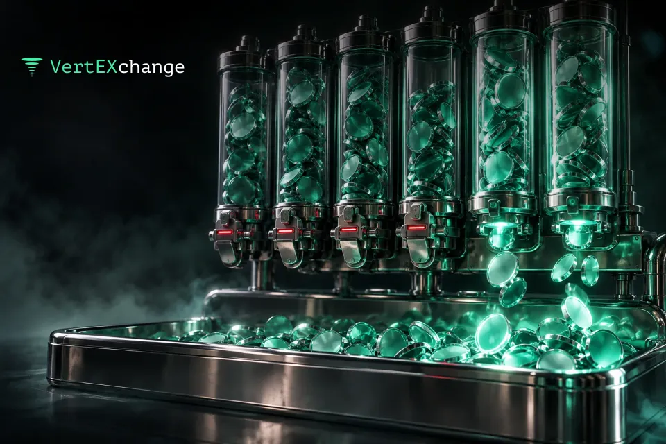 Six glass tubes of coins over a shared tray, four of them gripped shut by chrome clamps with red lights