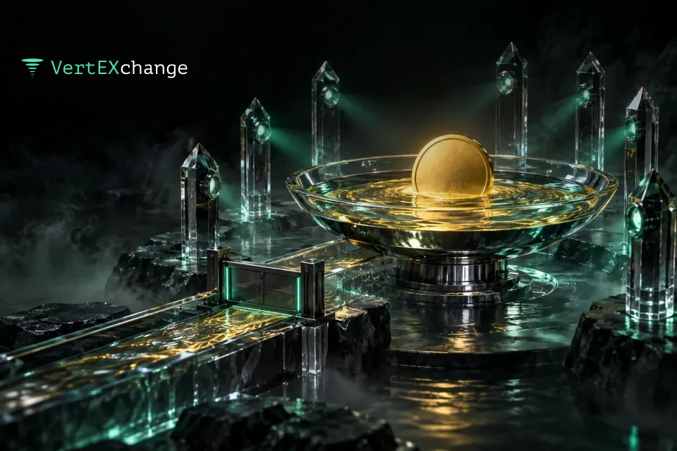 A shallow glass basin with a thin layer of golden liquid and a coin at its center, surrounded by glass obelisks with mint lenses, and a canal with a closed sluice gate leading in