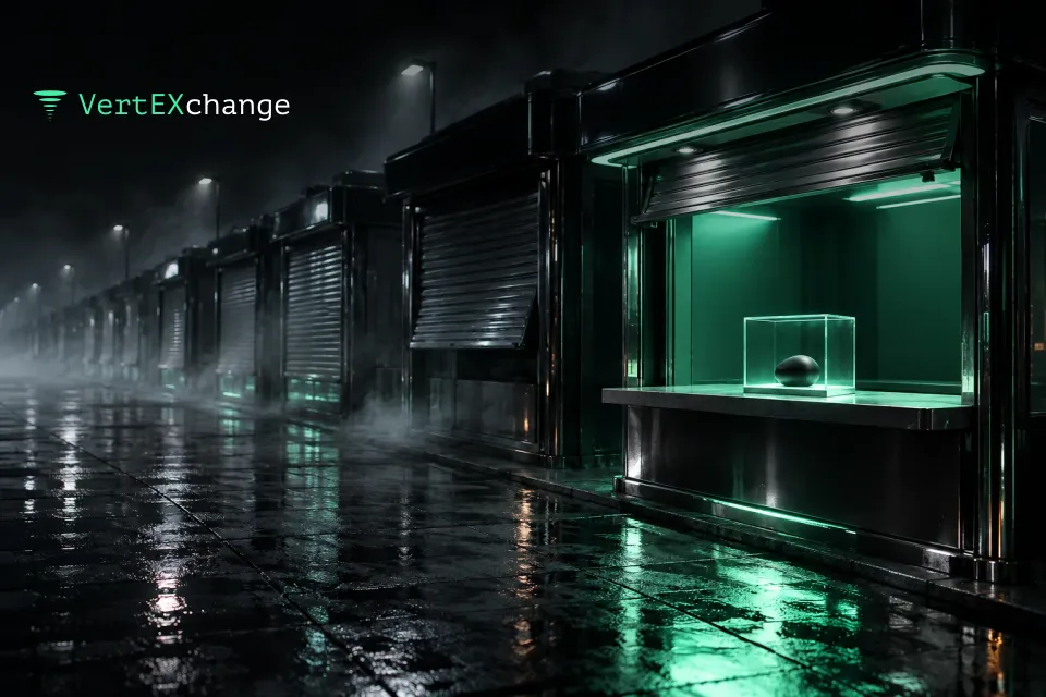 A night street of identical glass kiosks with their shutters down, only one open and lit, a sealed glass cube on its counter