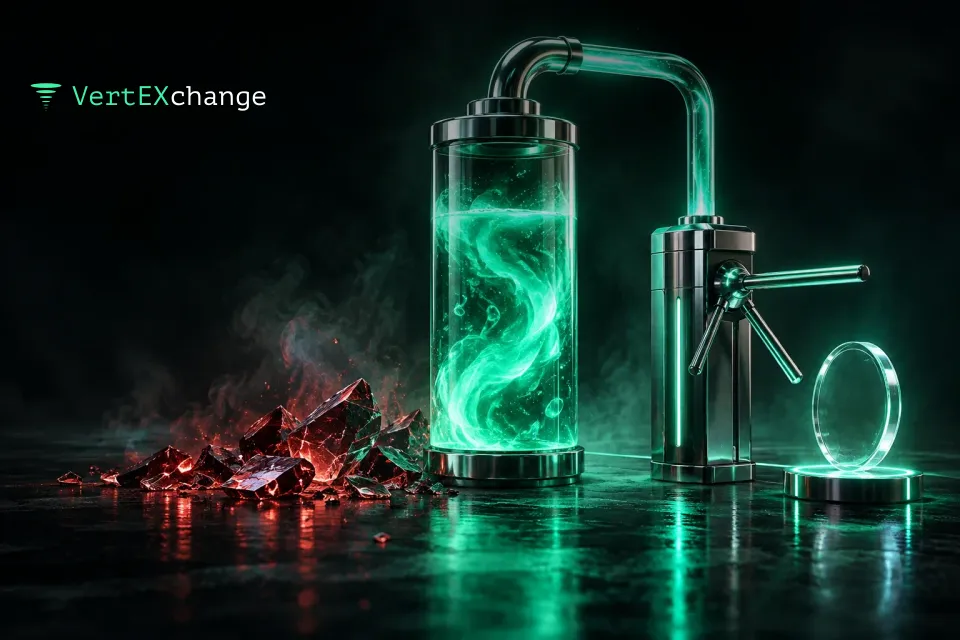 A glass battery full of mint light feeding energy through a pipe to a chrome turnstile with a glass coin waiting in front