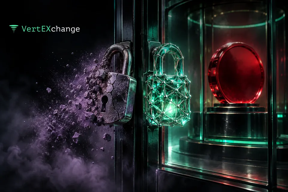 A chrome lock shaped like a crystal lattice on a glass door, with an old shackle padlock crumbling around it