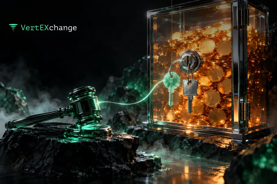A tall glass display case holding a heap of amber coins, two chrome keys of different shapes hanging in front of its lock, a dark glass judge's gavel lying beside it