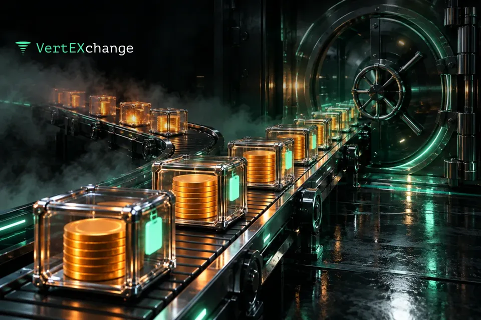 A conveyor carrying transparent crates of orange coins toward a closed glass vault door, the last crates without tags