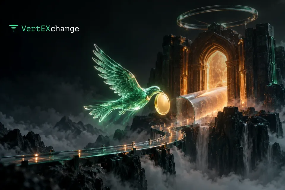 A glass bird carries a glowing coin toward an ancient gate lit with orange light, with a frosted tunnel beyond the gate