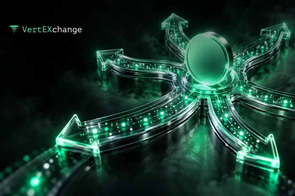 A glowing green coin at a fork of several glass paths