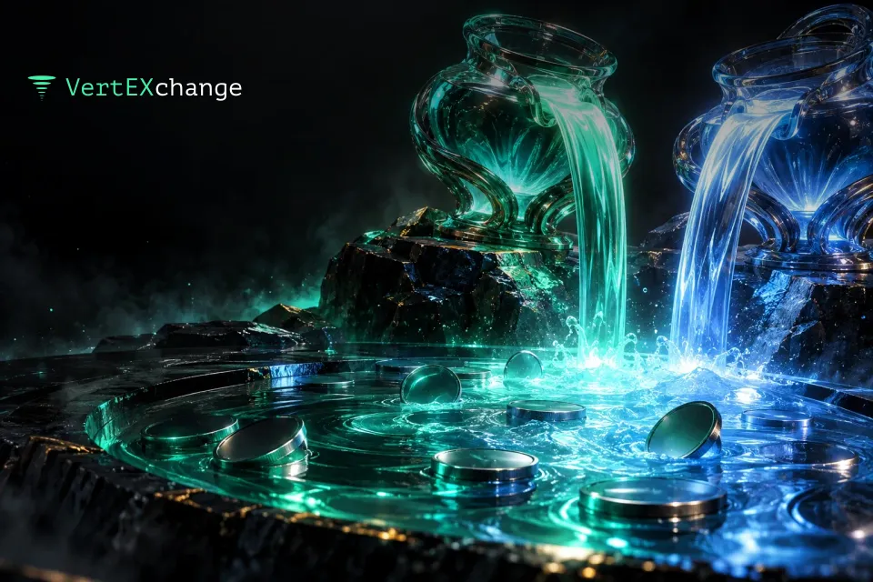 Two glass fountains, teal and blue, pour glowing streams into one shared pool with drifting coins