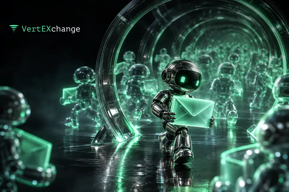 A chrome robot courier carries a sealed envelope through a tunnel of glass rings, surrounded by dozens of holographic decoy robots