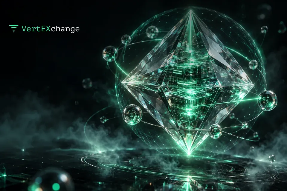 A glass octahedron crystal with a computing core inside, circled by network nodes moving in orbit