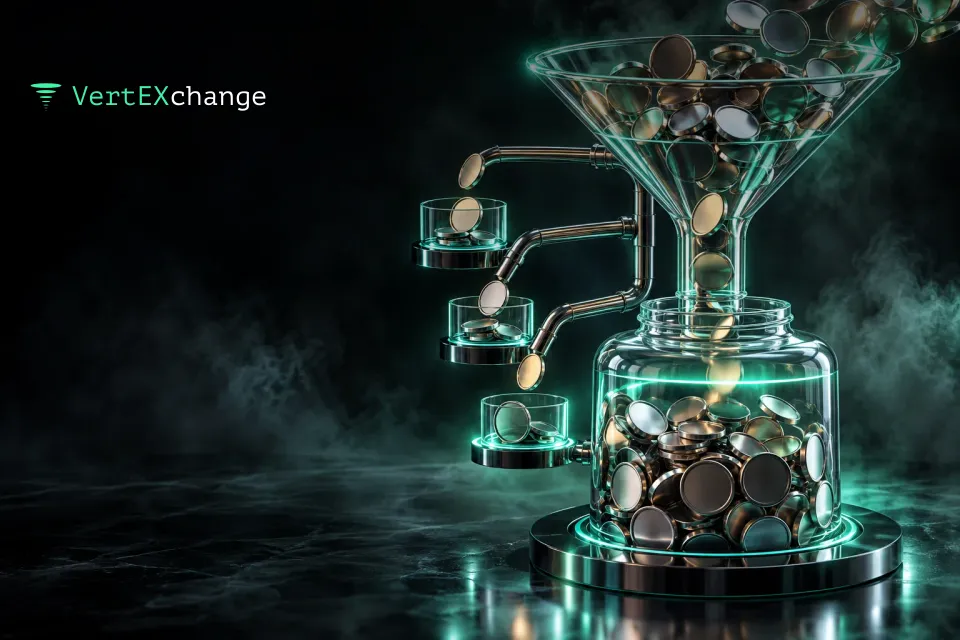 A glass funnel with glowing coins pouring through it, and a few coins flying off to the side through thin tubes