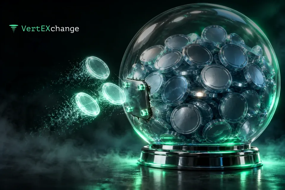 A sealed glass sphere filled with identical coins and a chrome patch over a crack, with ghostly coins melting away beside it