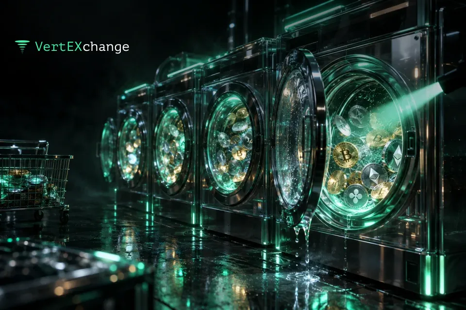 A glass laundromat at night with glowing tokens spinning in the washing machine drums, a mint flashlight beam peering through an open door