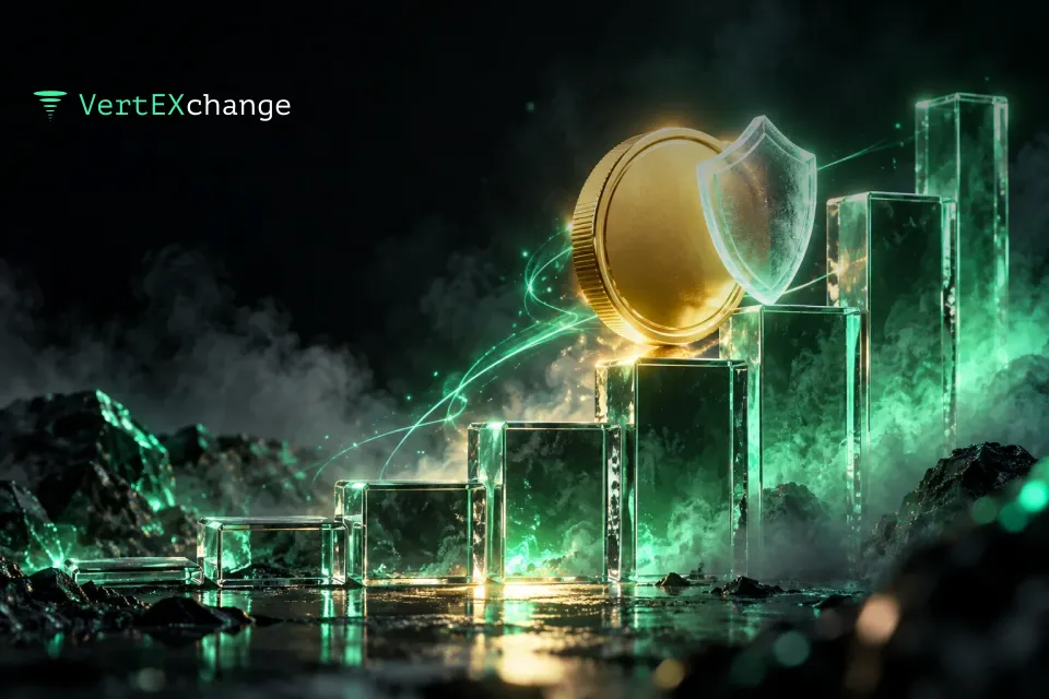 A golden coin behind a frosted glass shield climbing a staircase of glass bars