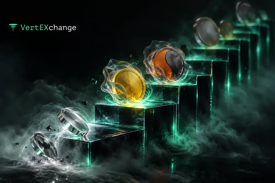 A staircase of glass pedestals: two coins in smoked glass have climbed to the top, two chrome ones are rolling down into the fog