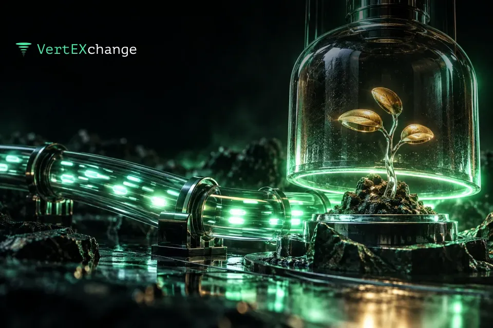 A glass sprout with small gold coins for leaves is covered by a slowly lowering glass bell jar, while beside it a fast stream of light pulses runs along a glass channel