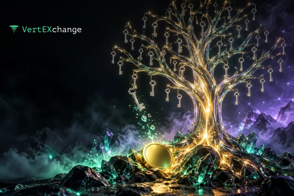 A crystal glass tree with small chrome keys on its branches, one key crumbling into sparks above a gold coin