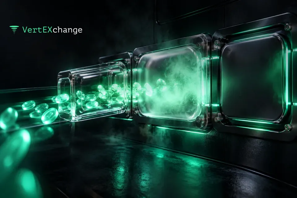 Three glass slots in a dark chrome wall: mint tokens visible in the clear one, dissolving into mist in a frosted chamber, the smoked slot opaque