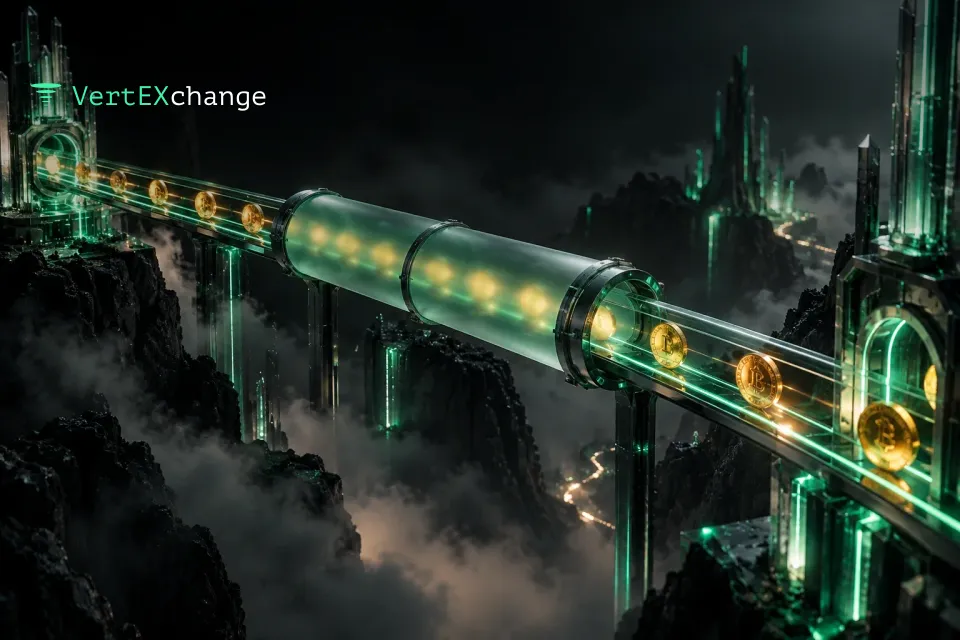 Glowing coins travel along a beam of light between glass towers and vanish into a frosted glass tunnel, while other coins ride open rails in plain view nearby