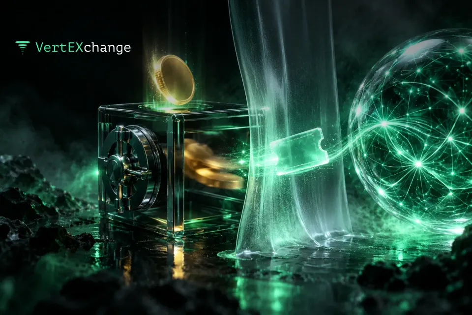 A glowing coin drops into a dark glass vault, and a mint-green glass ticket floats out of it through a frosted curtain toward a glass sphere filled with neural network threads